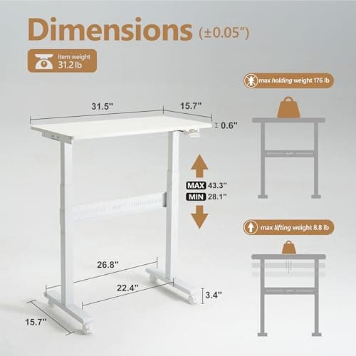 YILIFT Non-Electric Auto-Lifting Standing Desk, No Knobs or Crank, Cordless, Rolling and Mobile, Great for Walking Pad, Adjustable Height 28.1'' to 43.3'', Desktop Size 31.5'' by 15.7'', Color White 2