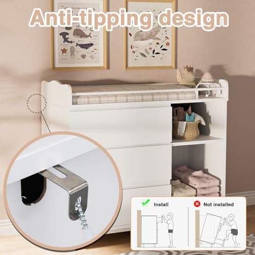 HPWLYO Nursery Dresser with Changing Table Top, Tall Changing Table Dresser for Bedroom, Wooden Baby Dressers & Chests of Drawers, 4 Drawers with 2 Open Shelves White 5