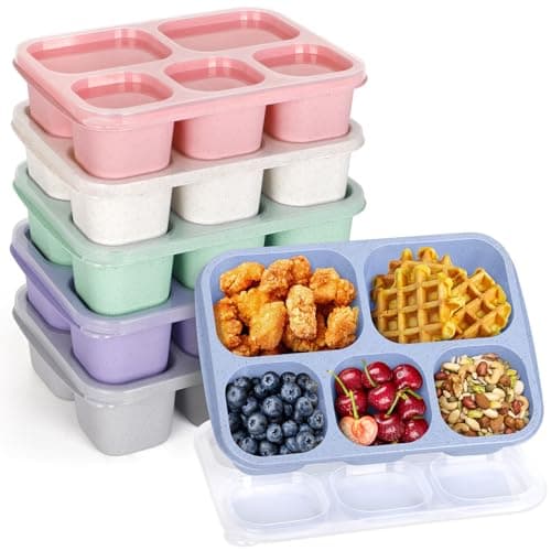 Korlon 6 Pack Bento Box Adult, Bento Lunch Box Containers with 5-Compartments, Wheat Straw Snack Boxes Container for Adult, Reusable Lunchable Container Boxes for Work Picnic Meal Prep