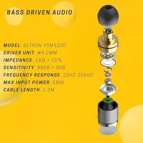 Betron YSM1000 Wired in-Ear Headphones, Noise Isolating Earbuds with Powerful Bass Sound, Tangle-Free Cable and 3.5mm Jack for Phone, Laptop, Tablet 6