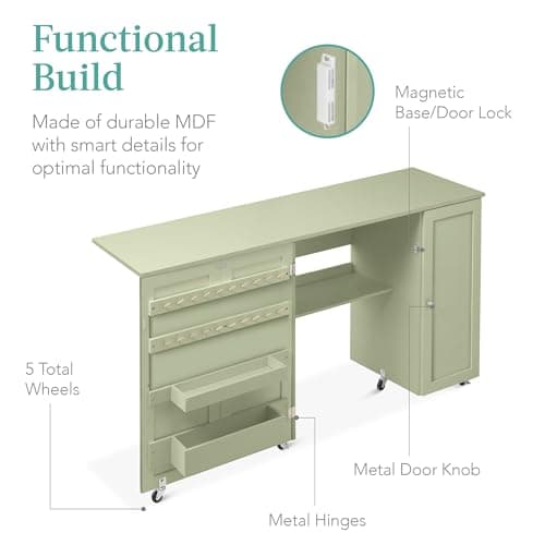 Best Choice Products Large Folding Sewing Table, Multipurpose Portable Craft Station & Side Desk w/Compact Design, Caster Wheels, Storage Shelves, 2 Storage Trays, Magnetic Doors - Light Green 7