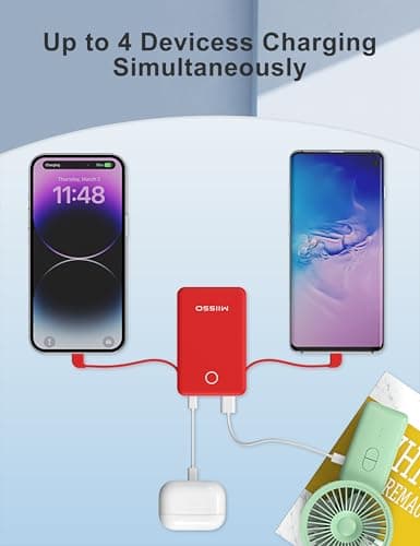miisso 6000mah Ultra Slim Built in Cables Power Bank, Card Size Built in USB C Cords Battery Pack Portable Charger for Phones, 3 Output External Battery Pack Compatible with iPhone, Red 5
