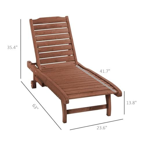 Outsunny Chaise Lounge Chair Outdoor Wooden Pool Lounge Chair with 3-Level Adjustable Backrest, Built-in Table and Rolling Wheels, Sun Tanning Chair for Beach Poolside Sunbathing, Brown Red 3