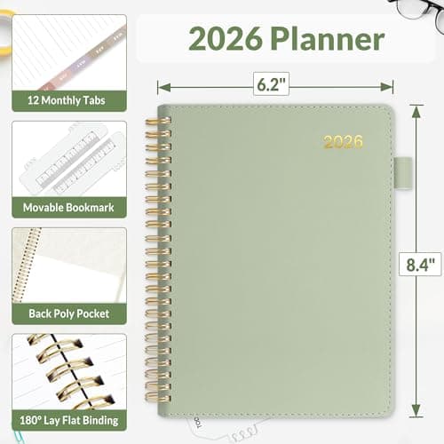 SUNEE 2026 Weekly & Monthly Planner 6.4"x8.5"- 12 Month (January 2026 - December 2026), Vegan Leather Cover, Pocket, Bookmark, Notes, Monthly Tab, Sage Green 6