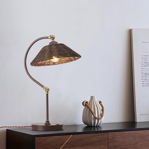Woven Rattan Bedside Table Lamp for Bedroom, Boho Plug in Handmade Rattan Shade & Anti-Rust Iron Base Desk Lamp, Plug & Play Vintage Dusky Brown Nightstand Lamp for Living Room,Office【Bulb Included】