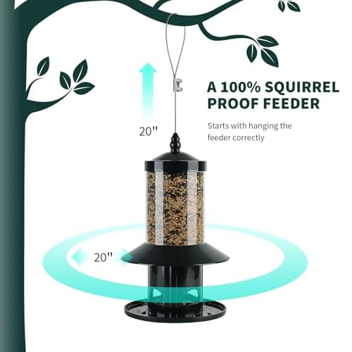 Squirrel Proof Bird Feeder - 360° Feeding Perch Tray for Outdoor Hanging Wild Bird Seeds, Dark Green. 8