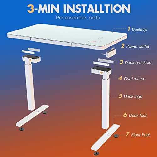 AIMEZO Electric Standing Desk with Drawer, Adjustable Height Sit Stand Desk with Tempered Glass Top, Touchscreen Controller, Wireless Charging, USB Ports & Power Strip, Dual Motor Lift System 7
