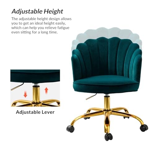 HULALA HOME Velvet Home Office Chair with Gold Base, Womans Modern Cute Shell Back Upholstered Desk Chair for Vanity, Adjustable Swivel Task Chair for Living Room, Teal 5