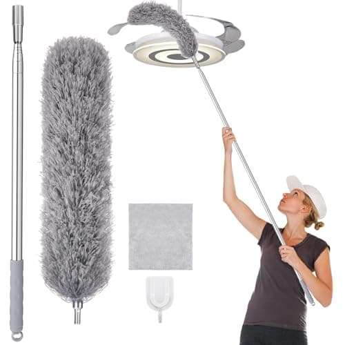 Wlich Feather Duster with 30-100 Inches Adjustable Long Pole,Extendable Feather Duster for Cleaning Ceiling Chandelier,Furniture, Blinds and Furniture
