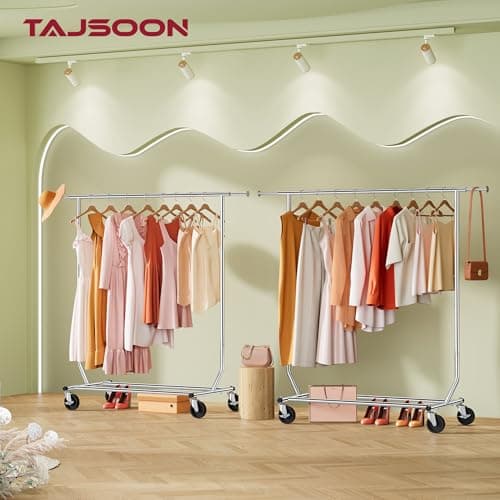 Tajsoon Clothing Rack Heavy Duty Clothes Racks Foldable Garment Rack with Wheels and Extendable Rod, Collapsible Clothing Rack Max Capacity 250lbs, Industrial Rolling Racks with Bottom Shelf, Chrome 5