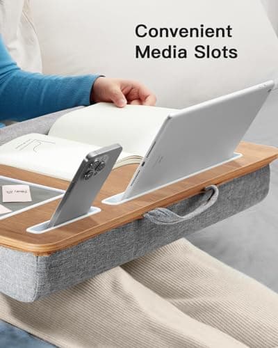 HUANUO Lap Desk - Fits up to 17 inches Laptop Desk, Built in Mouse Pad & Wrist Pad for Notebook, Laptop, Tablet, Lap Stand with Tablet, Pen & Phone Holder, Wood Grain 7