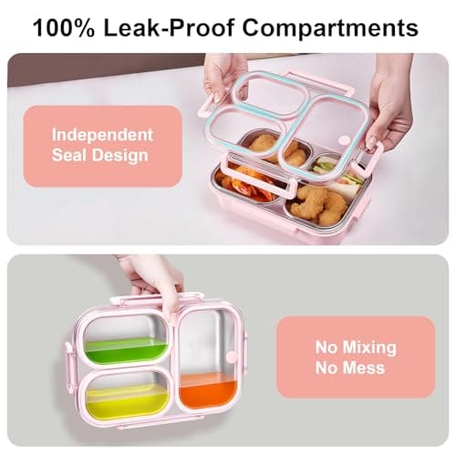 VACAID 25oz Stainless Steel Lunch Kit (Bento Box + Fork/Spoon) - 3 Leakproof Compartments - Food-Grade 18/8 Steel for Kids & Adults - School/Office/Travel Ready - Dishwasher Safe (Pink) 5