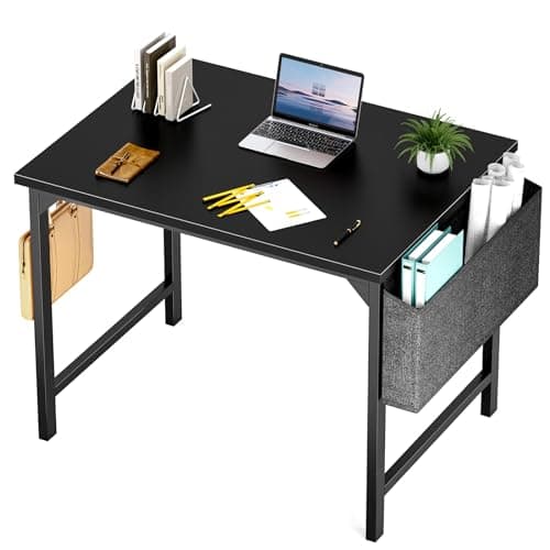 Small Computer Desk Small Office Desk 31 Inch Writing Desk Home Office Desks Small Space Desk Study Table Modern Simple Style Work Table with Storage Bag and Iron Hook, Wooden Desk for Home, Bedroom