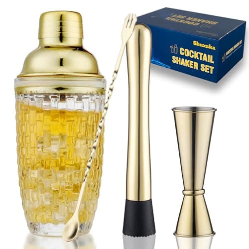 Gbuxska Gold Cocktail Shaker Set - Glass Cocktail Shaker with Strainer - Martini Shaker Set -Matching Cocktail Jigger & Bar Spoon with Muddler – Bartender Kit for Home Bar