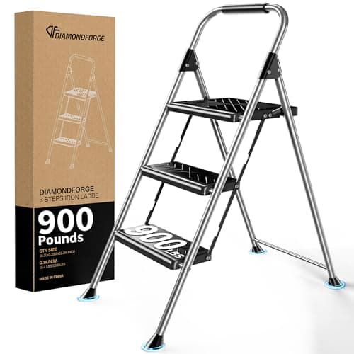 DIAMONDFORGE 3 Step Ladder, Folding Step Stool with Anti-Slip Wide Pedal, Soft Handle, Anti-Slip Feet, Sturdiest Steel Construction, 900lbs Capacity Steel Ladder for Home and Office, Grey