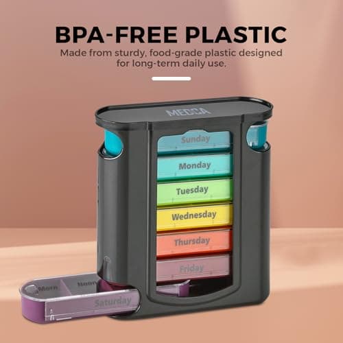 Weekly Pill Organizer, 1 Dispenser, 7 Stackable Compartments Four Times-a-Day - Morning, Noon, Evening, and Bedtime, Black 7