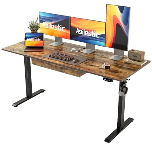 Agilestic Adjustable Height Electric Standing Desk with Storage Wooden Drawer, 63 x 24 Inches Stand Up Home Office Computer Gaming Table with Splice Board for Work Office Home, Rustic Brown