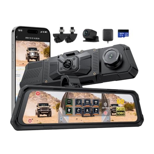 Acumen 12" Waterproof Rear View Mirror Camera,4 Channel FHD Mirror Dash Cam Front and Rear,Backup Camera for Cars,Trucks,SUVs,Jeeps,UTVs with WiFi,GPS,WDR, 64GB Card(The Legend 4CH)