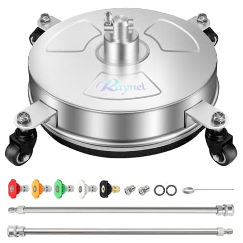 RAYNEL 14'' Pressure Washer Surface Cleaner with 4 Wheels, Stainless Steel Housing, 1/4" Quick Plug, 2 Extended Wands, 2 Replacement Nozzles
