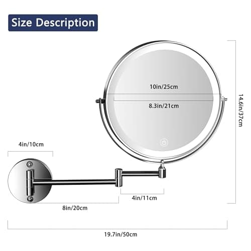 Hasipu 10-Inch Wall Mounted Makeup Mirror with Magnification, Rechargeable 3000 mAh Vanity Mirror with Lights, Bathroom Mirror with Dimmable Brightness, 3 Lighting Modes, Extendable Arm, Chrome 6
