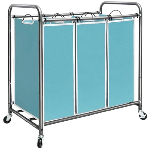 STORAGE MANIAC 3 Section Laundry Sorter, 35.9 Gal (136 L) Laundry Hamper Cart with Heavy Duty Rolling Lockable Wheels and Removable Bags, Clothes Organizer Basket Clothes Separator Hamper, Blue