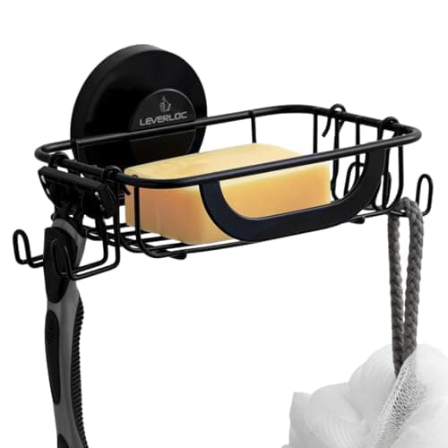LEVERLOC Soap Holder Dish Bar with Hooks, Bar Soap Holder Suction Cup Wall Mounted, Self Draining Stainless Steel NO-Drilling Removable Waterproof for Shower Bathroom Bathtub Sink-Black
