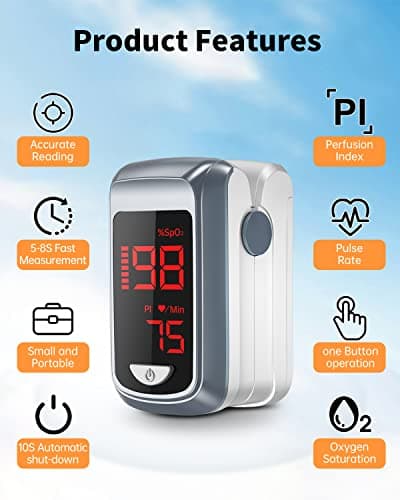 Fingertip Pulse Oximeter Blood Oxygen Saturation Monitor, Heart Rate and Fast Spo2 Reading Oxygen Meter with LED Screen 2 X AAA Batteries and Lanyard 5