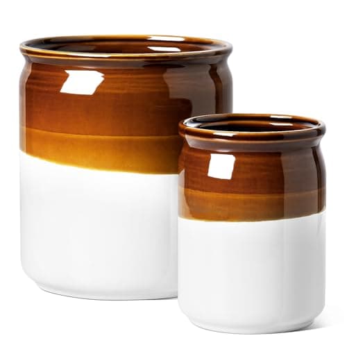 LE TAUCI Kitchen Utensil Holder, 7.2" & 5.4" Ceramic Utensil Crock for Countertop, Large Heavy Weighted Spatula Organizer, Rustic Farmhouse Decor, Vintage Two-Tone Glaze, Set of 2, Brown & White