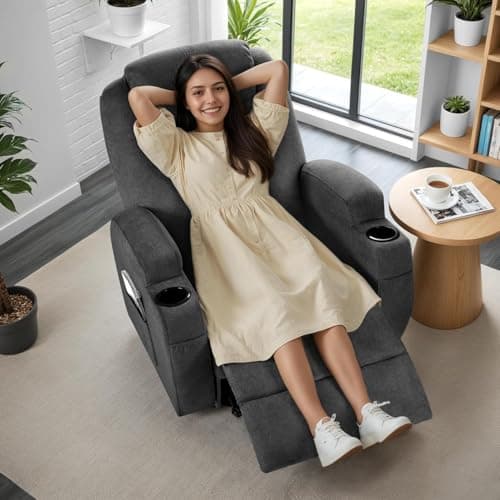 Recliner Chair,360° Swivel Rocker Chair for Adults, Rocking Recliner Chair with Massage, Comfy Single Sofa with Side Pockets Cup Holders for Living Room, Bedroom, Nursery (Fabric, Gray) 6