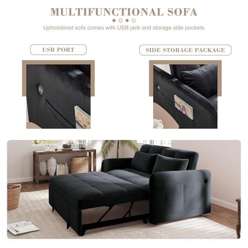 SumKea Convertible Sleeper Sofa Bed, 55.9'' Velvet Pull Out Couch Bed, Modern 3 in 1 Loveseat Sofa with Multi-Functional, Reclining Adjustable Backrest and Pillows, Black 5