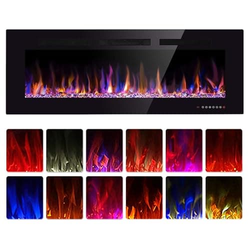 50" Electric Fireplace in-Wall Recessed and Wall Mounted 1500W Fireplace Heater and Linear Fireplace with Timer/Multicolor Flames/Touch Screen/Remote Control (Black)