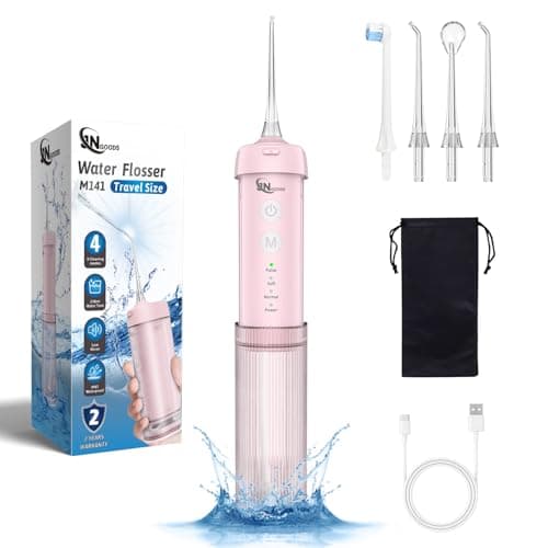 JNGOODS Mini Portable Water Flosser Oral Irrigator Water Teeth Cleaner Pick, Telescopic Water Tank, 4 Modes & IPX7 Waterproof, Home & Travel Water Flossers for Teeth, Braces Bridges Care. (Pink)