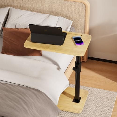 Novamer Sofa Armrest Tray Table - 360° Bamboo Swivel TV Trays - Height Adjustable Side Table for Bed or Chair with Phone and Tablet Slots - End Tables for Small Spaces 7