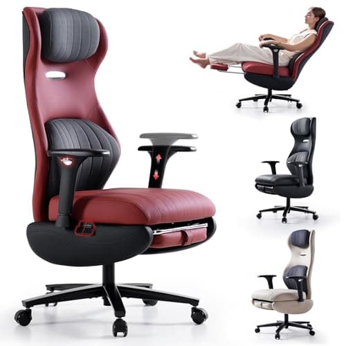 EMIAH Ergonomic Office Chair with Foot Rest Reclining Office Chair with Adjustable Arms and Headrest High Back Gaming Chair with Lumbar Support, PU Leather(Red),Manual
