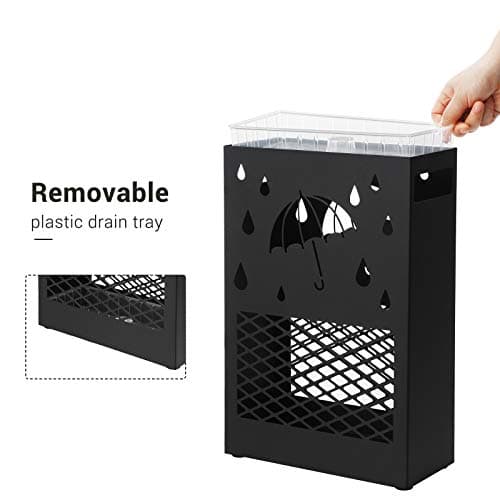 SONGMICS Metal Umbrella Stand, Rectangular Umbrella Holder Rack, with a Removable Drip Tray, 4 Hooks, Cutout Design, for Entryway, Office, Black ULUC004B01 5