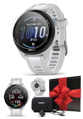 PlayBetter Garmin Forerunner 165 (Mist Gray/Whitestone) Running GPS Smartwatch Gift Box Bundle - AMOLED Touchscreen, 11-Day Battery, Training - Includes HD Screen Protectors, Wall Adapter & Case