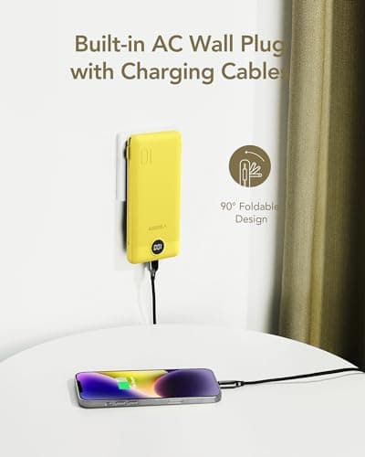VEGER Portable Charger with Built-in AC Plug and Cables, All in One 10000mAh Ultra Slim Power Bank Travel Essentials, Fast Charging Battery Pack Compatible with iPhone, Samsung, Android (Yellow) 3