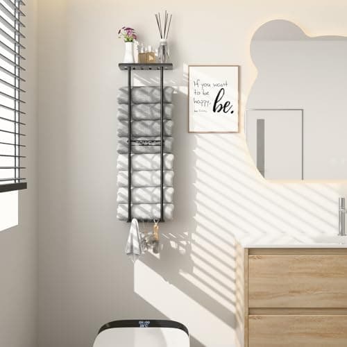 DwellDeal 2-Tier Wall-Mounted Towel Rack with Hooks & Shelf, Black Metal Towel Holder for Small Bathrooms (Standard Version) 7