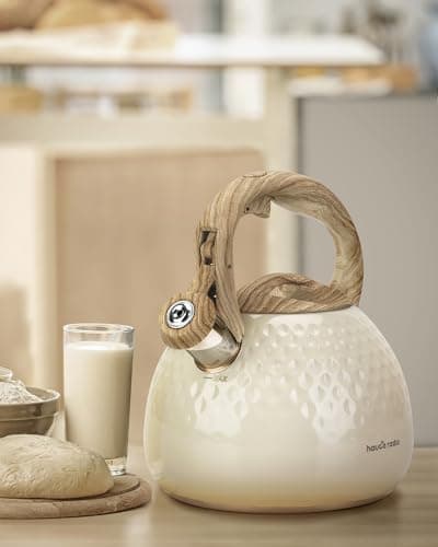 Hauce Radio Tea Kettle Stovetop Teapot, 2.5 Quart Loud Whistle Food Grade Stainless Steel and Smooth Wood Pattern Handle, Sophisticated Look for Hiking, Picnic, for Tea, Coffee Milky White 6