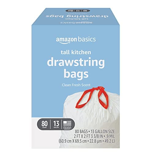 Amazon Basics Tall Kitchen Drawstring Trash Bags, Clean Fresh Scent, 13 Gallon, Odor Control, 0.9 mil Thickness, 80 Count (Previously Solimo)