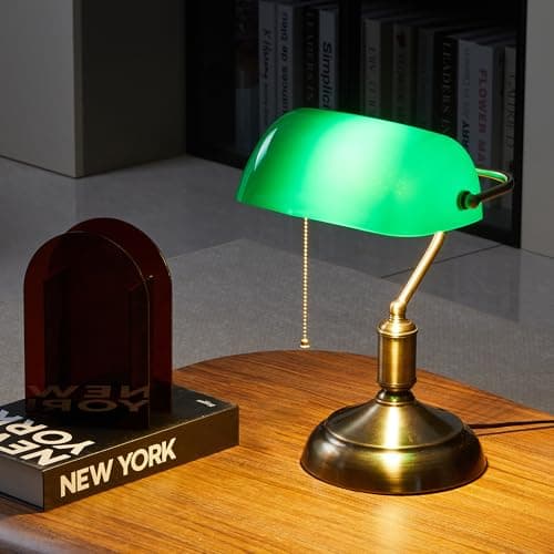DIVEKID Bankers Lamp, Green Desk Lamp with Pull Chain Switch, 3 Lighting Color Mid Century Banker's Desk Light for Home Office Library Christmas (Green Plastic Lampshade) 7