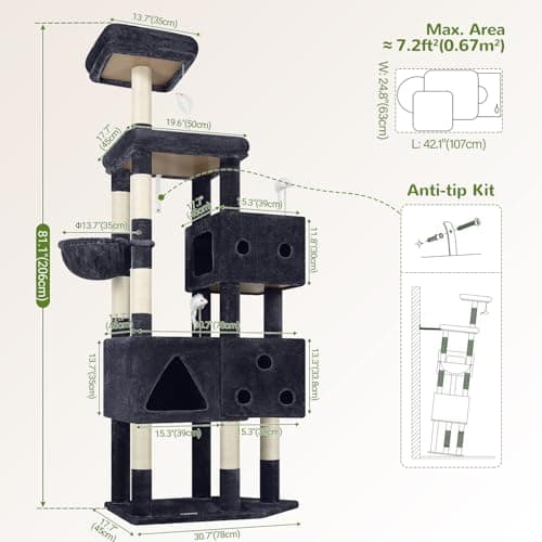 Globlazer Extra Large Cat Tower, 81-inch Tall Cat Tree for Big Cats 20 lbs, XXL Heavy Duty Cat Scratching Tower for Indoor Adult Cats with 3 Cat Condos, 8 Scratching Posts, F81, Dark Grey 7