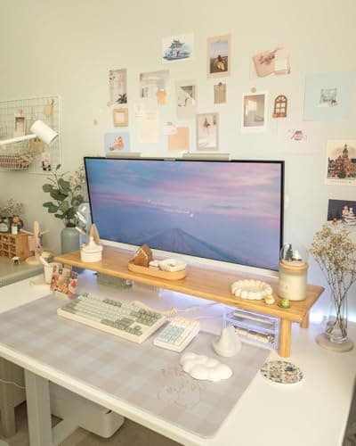 ROCDEER Bamboo Dual Monitor Shelf, Monitor Stand Riser with Underneath Storage for Desk Office Supplies, Supports Heavy TV up to 300 lbs, Natural 2