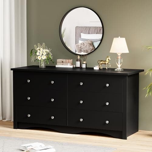 YESHOMY Dresser for Bedroom, 6 Drawer Dressers, Wide Storage Organizer Chest and TV Stand for Bedroom, Living Room, Hallway, Dormitory, Dark Black 6