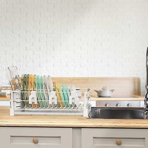 Simple Houseware White Dish Drying Rack with Drainboard, Utensil Holder & Mug Hooks – Metal Kitchen Counter Organizer 5