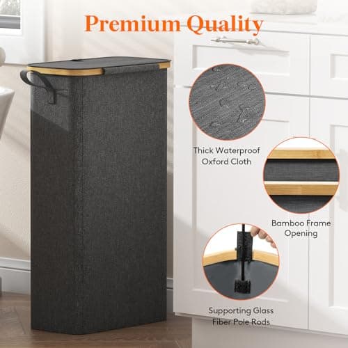 Lifewit 65L Slim Laundry Hamper with Lid, Narrow Laundry Basket with Removable Bag & Bamboo Handles, Fodable Thin Dirty Clothes Hamper for Laundry Collapsible Bin for Bathroom Bedroom Dorm, Dark Gray 7