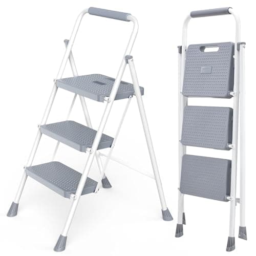 DUMOS Step Ladder, 3 Sturdy Step Stool with Anti-Slip Pedal & Comfortable Handrail, Portable Heavy Duty Step Stool for Kitchen, Garage & Outdoor Use, 800lbs, Grey
