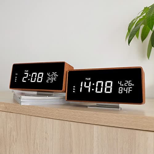 SCOAGE Wooden Digital Alarm Clock with Bluetooth Speaker Temperature Date Smart Electric Digital Bedside Clocks Night Light Table Snooze Large Display Alarm Clock Decor for Desk Bedroom Kid' s Room 6