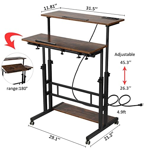 Hadulcet Mobile Standing Desk Adjustable Height, Rolling Desk Stand Up Desk, Mobile Laptop Desk, Rolling Computer Desk with Charging Station, Portable Desk with Wheels, Rustic Brown 9