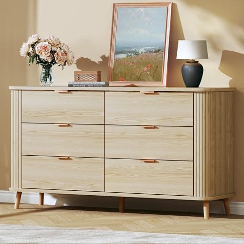 LIMGLIM Mid Century Modern Dresser, Fluted 6 Drawers Dresser for Bedroom, Curved Profile Design, Wide Wood Chests of Drawers Storage for Entryway, Hallway, Oak